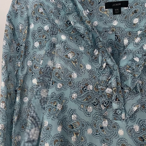 J. CREW Metallic Chiffon Ruffleneck Pop Over Top in Paisley Bunch Blue - Picture 6 of 6